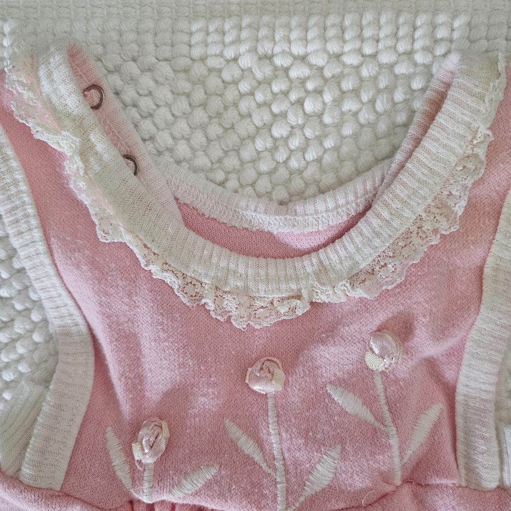 Vintage Buster Brown Baby Girl 3-6 Month Dainty Pink Lace Overall Bubble Romper - Picture 4 of 12